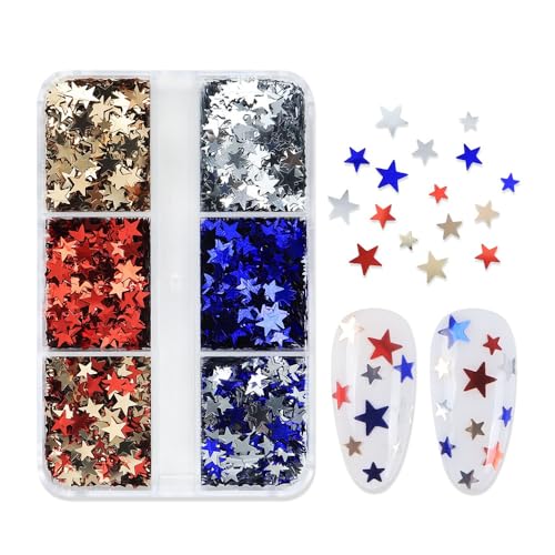 1 Box 6 Color Holographic Star Nail Glitter Red Blue Nail Sequins 3D Gold Silver Nail Flakes Sparkly Powder Flakes Patriotic Independence Day Nail Sequins Glitter for Nails Art 6 Grids - color: Color 28