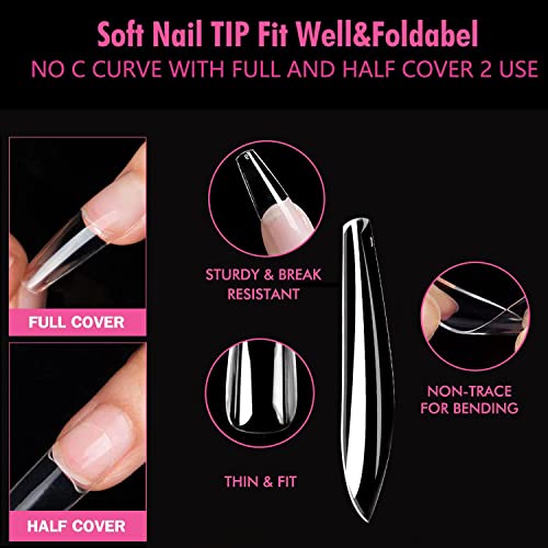 UNA GELLA Long Coffin Nail Tips 504pcs Clear Long Gel Nail Tips Coffin