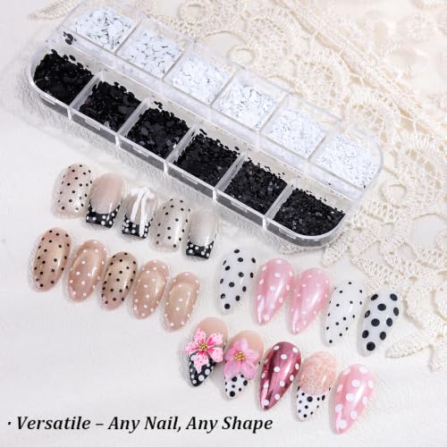 12Grid Polka Dot Nail Sequins, 3D Black White Round Dot Nail Glitter Flakes Mixed Size Mini Circle Charms Tiny Round Sequins for French Retro DIY Manicure Salon Nails Art Decorations