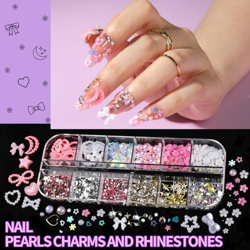 FANDAMEI Nail Charms and Gems, 8 Boxes Nail Art Kit for Design, Multi-Shape Rhinestones for Nails Flat Back Pearls Jewels, 3D Fruit Flower Candy Nail Charms, Gold Nail Studs Jewels - color: Yellow candy/red cherry/purple heart/gold silver pearls