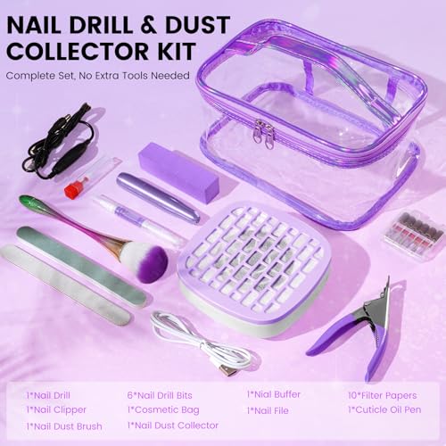 Nail Drill Kit with Mini Dust Collector & Purple Storage Bag for Beginners - color: Purple