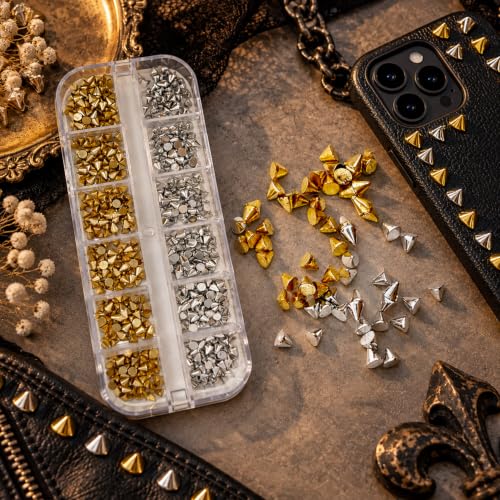 2 Boxes 24 Grids Punk Nail Charms Bottomed Pointed Cone Nail Rhinestones - color: Green