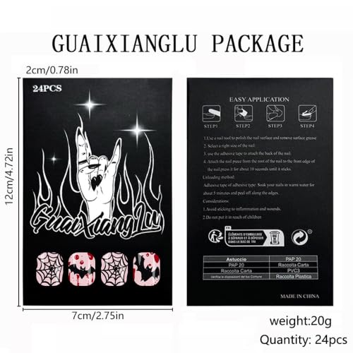Halloween Press On Nails, Almond Spider Bat Web Design, Black Red - color: style 07