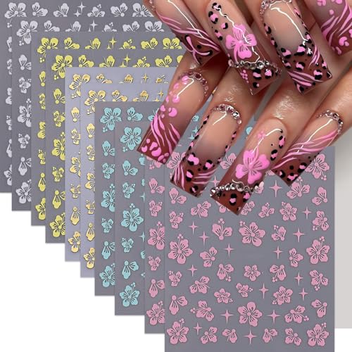 10 Sheets Hibiscus Flower Nail Stickers for Nail Art Petal Floral Nail Art Decals 3D Self-Adhesive Pink Blue Gold Silver Hibiscus Nail Design Pegatinas Uñas for Women DIY Manicure Decor Accessories - style: hibiscus flower