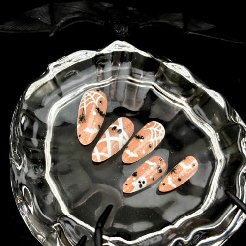 Halloween Press on Nails Long Almond Fake Nails Ghost Bat Spider Web Art - color: Halloween Press on Nails 05