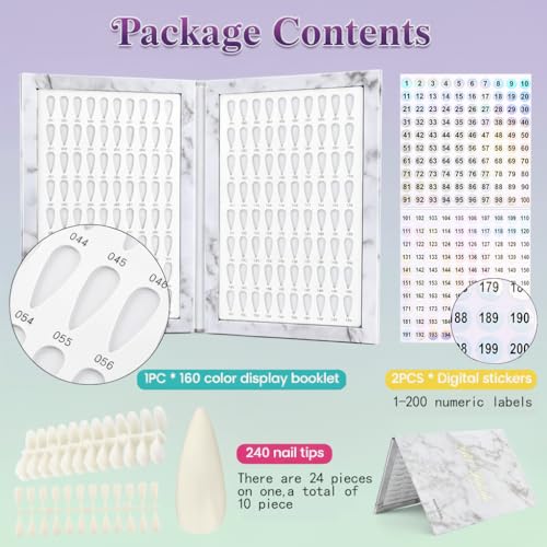160 Nail Color Display Book with 240 Nail Tips & 1-200 Number Labels, Professional Color Swatches Book Gel Polish Colors Card Board for Nails Salons, DIY at Home