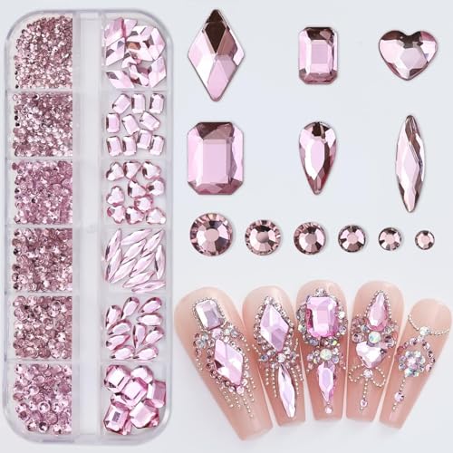 Nail Art Rhinestones Kit Nail Gems Ab Flat Bottom Special-Shaped Drill, with Storage Organizer Box/Wax Pencil/Tweezers for Nail Art Craft (Purple) - color: Purple