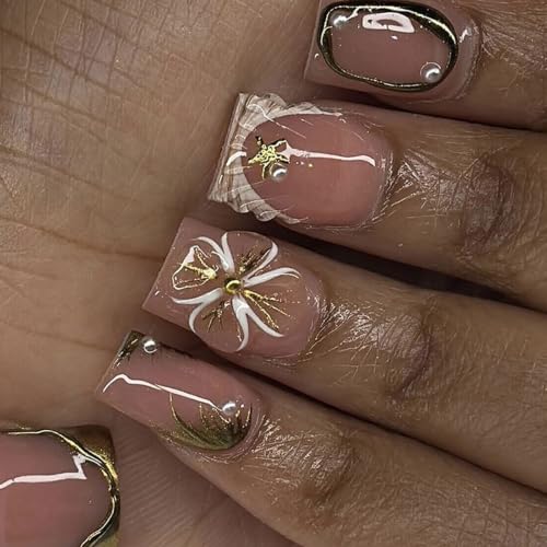French Tip Press on Nails Short Square Fake Nails with Bead Chrome 3D Stripe Designs Shell Nails Press ons Gold Nude Glue on Nails Glossy Acrylic Nails Artificial Stick on Nails for Women 24Pcs - color: 18
