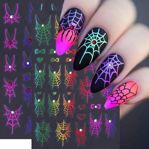 6 Sheets Shining Crystal Diamond Spider Web Nail Stickers for Nail Art Self-Adhesive Halloween Nail Decals Spider Web Spiders Stickers Fall Holiday DIY Manicure Decoration Supplies Sticker for Women - style: Diamond Spider