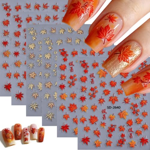 6Sheets Fall Nail Stickers Red&Gold Maple Leaf Design - color: Red & Gold