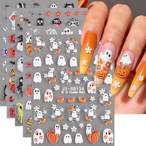 Halloween 5D Embossed Nail Art Stickers Ghost Pumpkin Nail Art Decals 5 Sheets Self-Adhesive Skull Spiders Nail Stickers Cute Ghost Flower Stars Nail Art Designs for Women Halloween Nail Supplies - color: Halloween Style3
