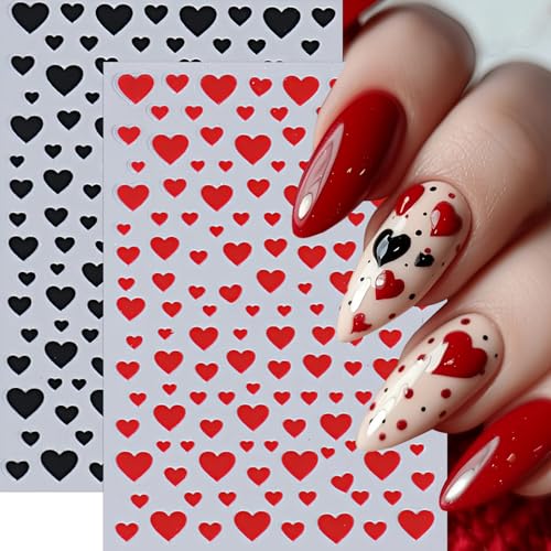 8Sheets Heart Nail Stickers Red Love Nail Decals 3D Self-Adhesive Valentine's Day Nail Art Stickers White Black Heart Nails Design Little Love Hearts Nail Supplies for Women Girls Acrylic DIY Manicure - style: red heart