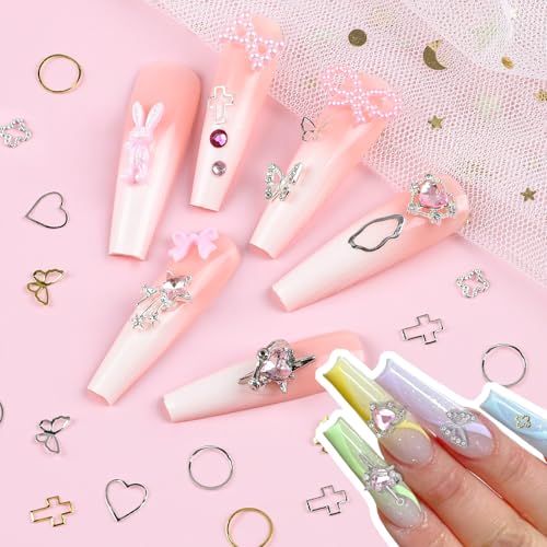 650PCS Cute 3D Resin Nail Charms and Gems Pink Flower Bow Butterfly Charms - color: Pink