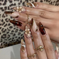 MISUD Press on Nails - Medium Almond Fake Nails with Fall Brown, Acrylic Tortoise Flower Design 24 pcs - color: 11218Brown