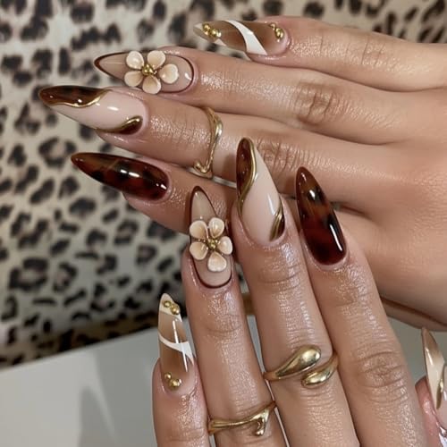 MISUD Press on Nails - Medium Almond Fake Nails with Fall Brown, Acrylic Tortoise Flower Design 24 pcs - color: 11218Brown