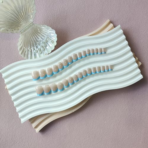 30Pcs Sky Blue French Tip Press on Nails Short Square Nails Press ons, Short Fake Nails Coffin Acrylic French Glue on Nail False Nail for Women Natural15 Sizes - color: square sky blue