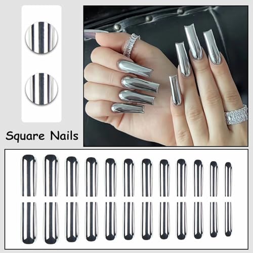 MISUD Press on Nails - Long Square Glue on Nails with Silver Chrome, Acrylic Metallic Design 24 pcs - color: 07814-13Silver