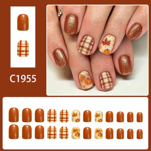 Fall Press on Nails Short Square Autumn Pumpkin Maple Leaf Fake Nails with Orange Brown Plaid Glitter Design Full Cover False Nails Glossy Reusable Glue On Nails for Women Thanksgiving Manicure 24Pcs - color: special Fall-24