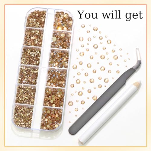 4000Pcs Champagne Gold Flatback Rhinestones for Crafts,6 Sizes Gold Crystal Rhinestone for Nail Gems Jewels Glitter Glass Diamond for Nails Design DIY Face Makeup Tumblers Clothes Stones Decoration - color: Champagne
