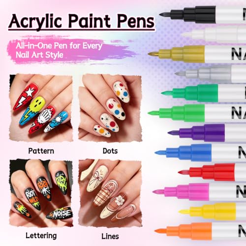 12 Colors Nail Art Pens Set, TOROKOM Nail Art Markers 3D Nail Polish Pens - color: 12 Color-A