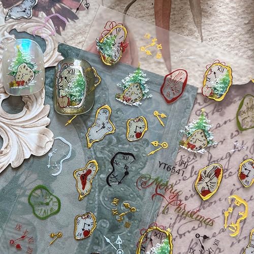 Christmas Nail Stickers for Nail Art New Year Golden Clock Colorful Nail Art Stickers Holiday 5D Embossed Nail Decals Self-Adhesive Nails Supply Manicure Sliders for Nails Decoration - color: New Years Clock1