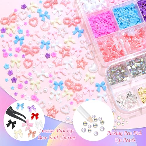 RODAKY Nail Charms and Flatback Pearls Gems Set, Bow Charm for Nail Art Designs,Assorted Pearl Bows Heart Star,Flowers for Nail with Nail Beads,White Half Pearls for Nail Jewelry DIY Nail Decoration - color: Set 05 - 2 Boxes Nail Art Decos