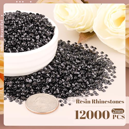 12000PCS 2mm Resin Rhinestones Bulk for Crafting (Black), Flatback Bedazzling Crystals for Crafts DIY Nail Decoration, Gems Charms for Tumbler Shoes Clothing Fabric with Pickup Pen and Tweezers - color: B04 Resin Rhinestones (Black), size: 2mm