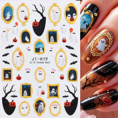 Halloween Nail Art Stickers Cute Ghost Black Cat Gold Nail Decals, 6 Sheets - color: Multicolor-05