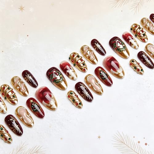 30Pcs Christmas Press on Nails Medium Almond 3D Chrome Gold Fake Nails - color: Winter Christmas Nails-21