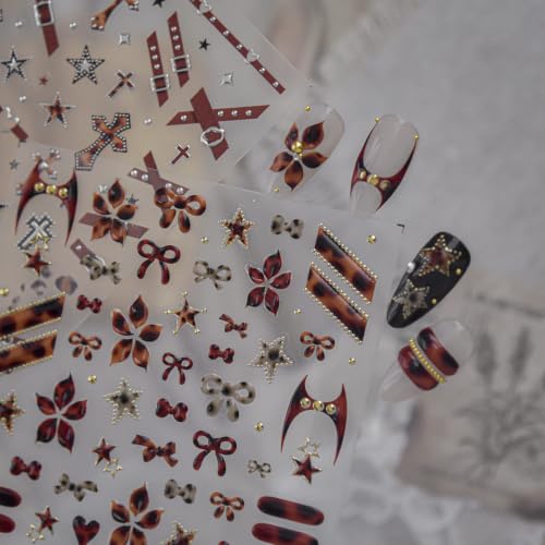 1 Sheet Fall Brown Leopard Print Bow Nail Stickers 5D Self-Adhesive Nail Decals Bow Star Heart Flower Design Irregular Shapes with Gold Rhinestones Nail Supplies for Autumn Women Nail Decorations - color: Brown Leopard