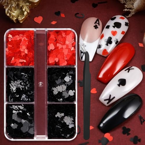 1 Box 2 Color Holographic Poker Nail Glitter Red Black Peach Hearts Nail Sequins 3D Letter Nail Flakes Sparkly Powder Flakes Shiny Nail Glitter Alphabet Nail Sequins Glitter for Nails Art 6 Grids - color: Color 16
