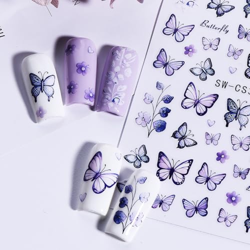 Butterfly Nail Art Stickers, Butterfly Nail Decals 3D Self Adhesive with Blue Purple Pink Yellow Butterflies Flower Design 6Pcs Spring Nail Art Supplies for Women Girls Spring Summer Nail Decoration - style: style2