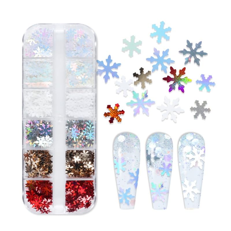 1 Box 12 Color Holographic Snowflake Nail Glitter Laser Ombre White Nail Sequins 3D Red Nail Flakes Sparkly Glitter Flakes Shiny Nail Art Glitter Winter Christmas Nail Sequins Glitter for Nails Art - color: YHN03