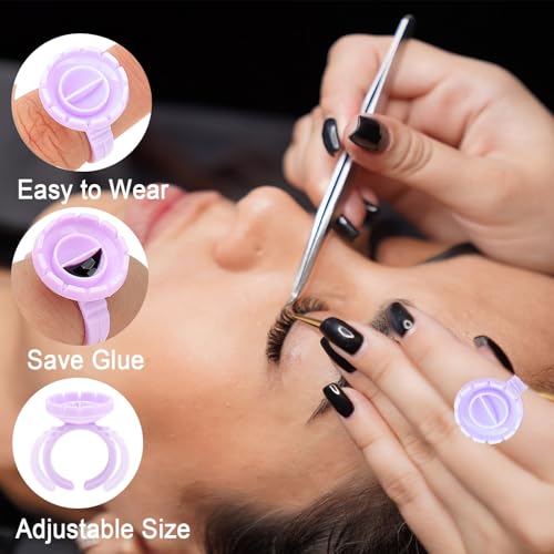 Glue Rings for Eyelash Extension, 300 PCS Lash Extension Glue Ring Eyelash Rings for Glue, Disposable Glue Ring Lashes Eyelash Glue Holder Lash Extension Lash Rings, Lash Fan Blossom Glue Cups, Purple - color: Purple