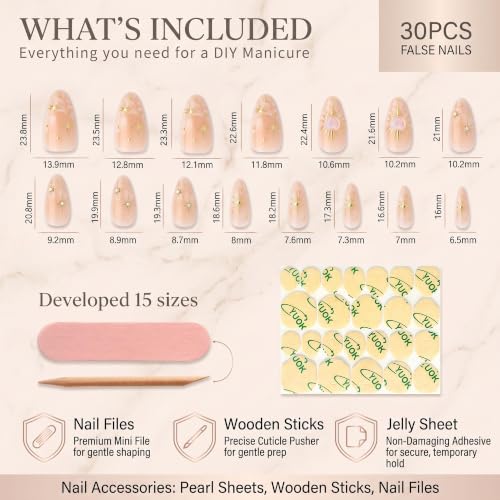 Medium Almond Press On Nails, Gold Star Jewel Nude Fake Nails 30Pcs - color: 01-3D-Gold Star