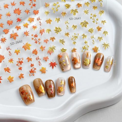 3D Fall Nail Stickers, Maple Leaf Autumn Nail Decals for Nail Art, 3 Sheets - color: Multicolor-03