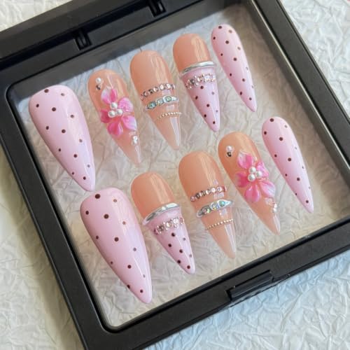 French Press On Nails Handmade Almond Long With Flower 10pcs - color: color08