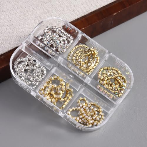 SUTOKAKA 6 Strips Rhinestone Pearl Alloy Nail Chain Charms - color: Gold Silver Rhinestone Pearl Chains