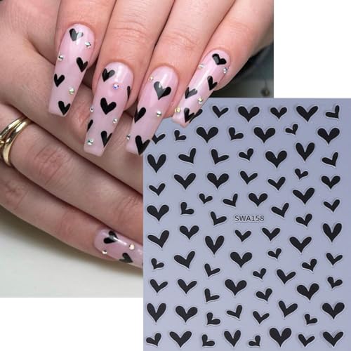 Heart Nail Stickers for Nail Art, Valentines’ Day Hearts Nail Art Stickers Decals 6PCS Black White Red 3D Self-Adhesive Heart Sticker for Nails Valentines Nails Design Manicure Supplies for Women - style: red white black heart