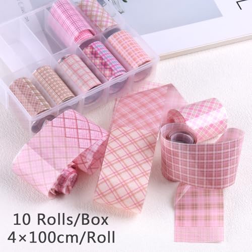 10 Rolls Plaid Nail Art Transfer Foil Pink Plaid Checkered Designs - color: Pink Plaid