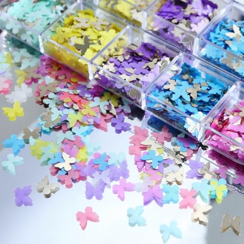 1 Box 6 Color Holographic Butterfly Nail Glitter Laser Pink Nail Sequins 3D Blue Yellow Nail Flakes Sparkly Powder Flakes Shiny Nail Glitter Colorful Nail Sequins Glitter for Nails Art 12 Grids - color: Color 47