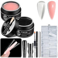 Fcozpjk Builder Gel Nail Kit, 2PCS 15ML Clear Nude Pink Hard Gels with 180PCS Coffin Sandwich Dual Nail Forms Brush Pen Files Nails Extension Tool Set Construction Strengthener Manicure Supplies