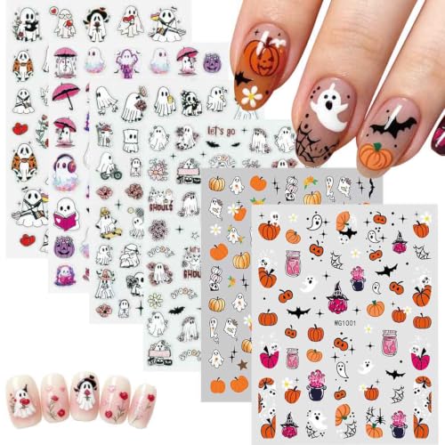 6Sheets Halloween Nail Art Stickers Cute Ghost Pumpkin Bat Spider Web - color: Multicolor