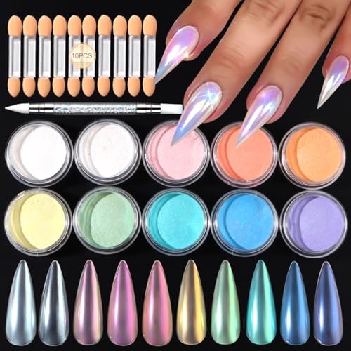 10 Colors Mermaid Pearl Chrome Nail Powder, Iridescent Aurora - color: 10 Colors Aurora
