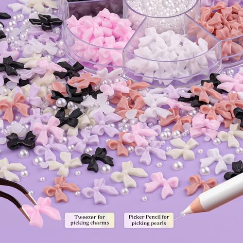 120 Pcs 3D Nail Bow Charms + 2-4mm Nail Pearls Set 1, 6 Colors Cute Bow Charms and White Flatback Pearls with Nail Charm Glue Gel(UV Needed) and Pickup Tools for Nail Art Decoration - color: Style A with Glue- 6 Colors Set 1
