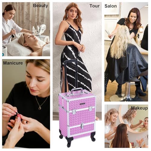TOPACK 3-In-1 360°Rotaing Rolling Makeup Train Case with Trolley/Drawer - color: all pink, size: medium