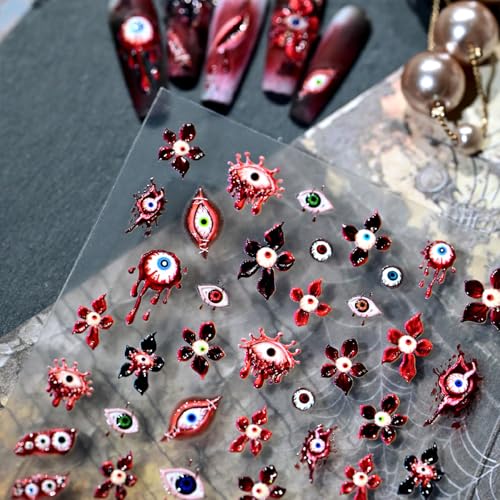 Halloween Nail Stickers for Nail Art Scary Eyeball Flower Nail Art Stickers Eye Scar Blood Red 5D Embossed Floral Nail Decals Self-Adhesive Nails Supply Manicure Sliders Devil for Nails Decoration - color: Blood Eyeball Flower