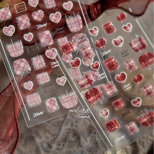 1 Sheet Valentines Day Nail Stickers for Nail Art 5D Embossed Red Heart Nail Decals Glitter Heart Nail Art Stickers Plaid Heart Nail Design French Nail Supplies for Women DIY Manicure Decoration - style: red glitter heart