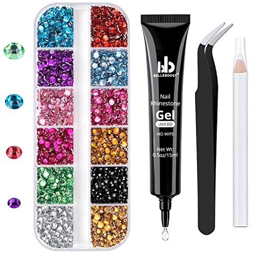 Nail Art Rhinestone Glue Gel&Flatback Gems Accessories Kit, 1 Tube of 15ml Rhinestone Gel Glue(UV/LED Needed)+1 Box of Flat-Back Round Mixed Color Gemstones with Pickup Pencil and Tweezer - color: 04 Multicolored, size: 1 pack