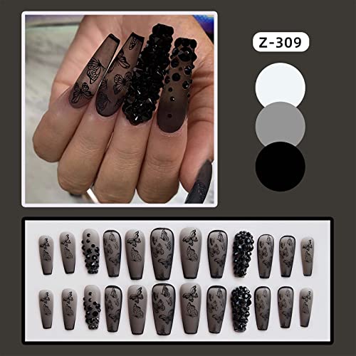 Press on Nails Long Coffin Fake Nails Black False Nail with 3D Rhinestone Butterfly Design Matte Full Cover Stick on Nail for Women - color: 04-Butterfly